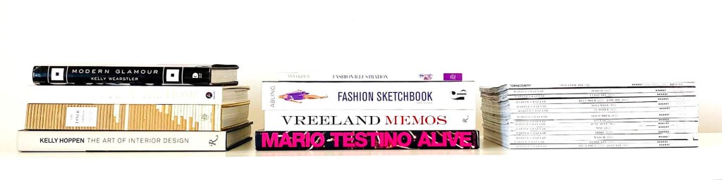 Coffee table books and magazines on interior design and fashion design by Kelly Wearstler, Tara Shaw, Christiane Lemieux, Kelly Hoppen, Anna Kiper, Bina Abling, Diana Vreeland, Mario Testino, and Hearst Magazines | Photo by Mir Martz