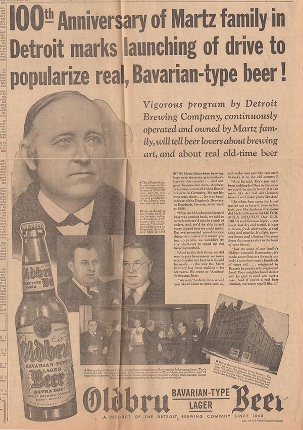 OldBru Beer advertisement by the Martz family in The Detroit Free Press, April 6, 1937 | Photo by Mir Martz