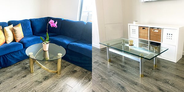 Double-sized living room with mixed and matched mid-century modern coffee tables in glass, lacquered brass, and aluminum | Photo by Mir Martz