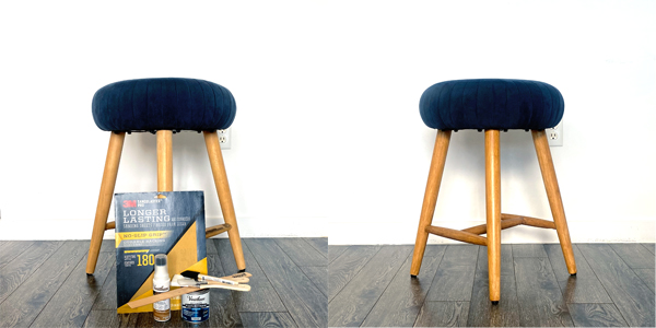 Blue velvet bar chair before and after refinishing with wood stain and satin varnish | Photo by Mir Martz