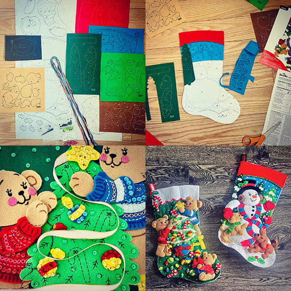 Bucilla stocking kit, felt cutouts, sequin embellishments, and assembled stockings | Photo by Mir Martz