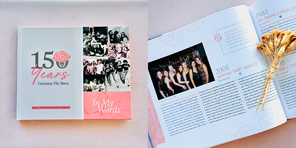 Cover of and inside Gamma Phi Beta 150th Anniversary Oral History Project 2024 coffee table book | Photo by Mir Martz
