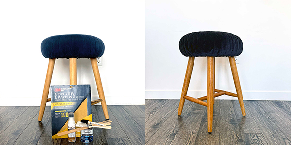 Bar chair before and after reupholstering | Apricot's Home Black velvet bar chair before and after hand reupholstering and refinishing with wood stain and satin varnish | Photo by Mir Martz