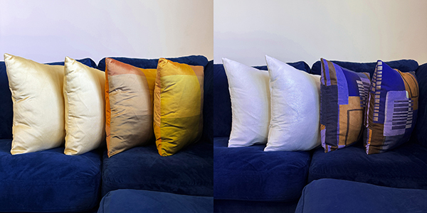 Overstuffed luxury throw pillows in contrasting custom pillow cover sets of Armani silk and Mood Fabrics screenprinted viscose-linen | Photo by Mir Martz