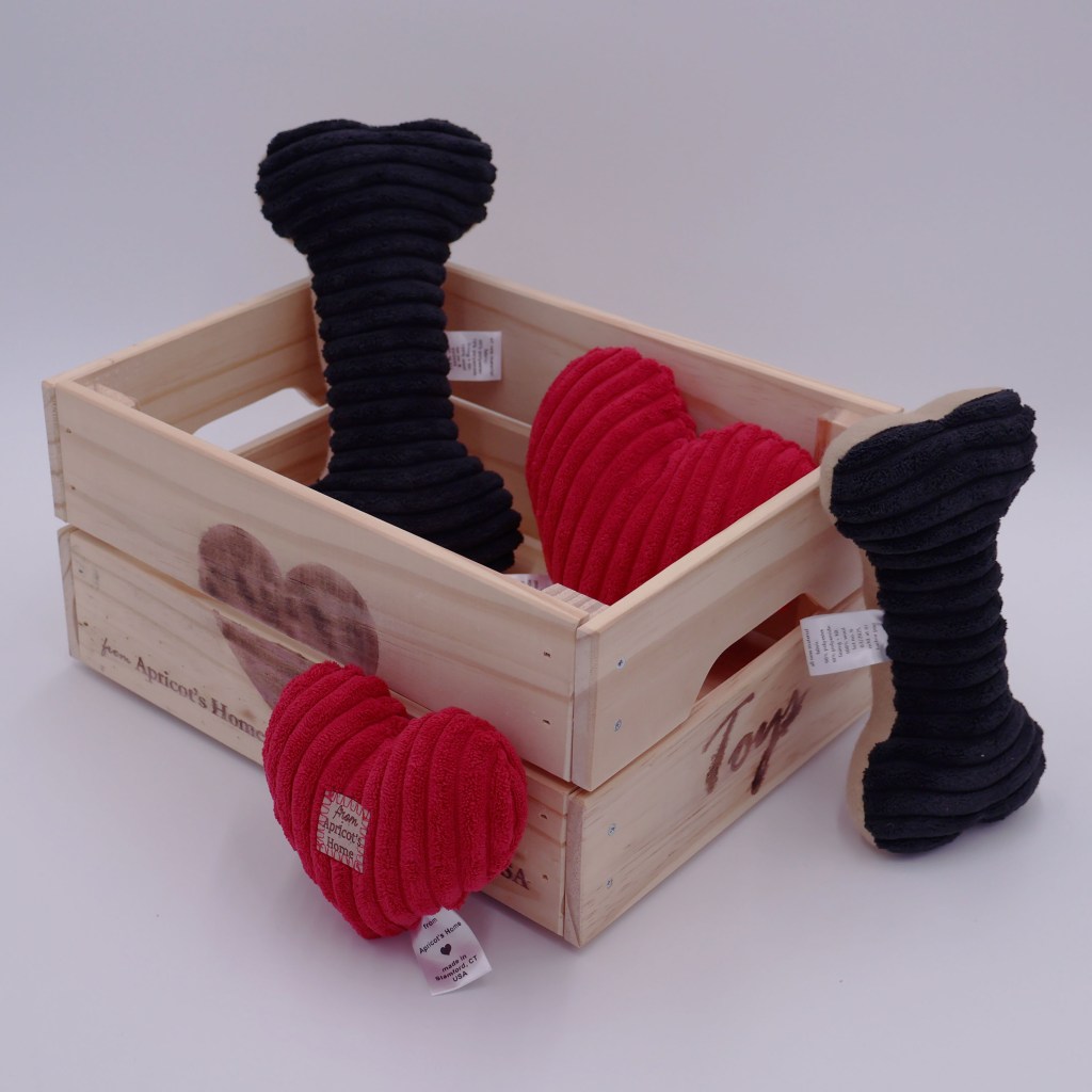 The Corduroy Collection of dog toys in custom pine toy box | Photo by Mir Martz