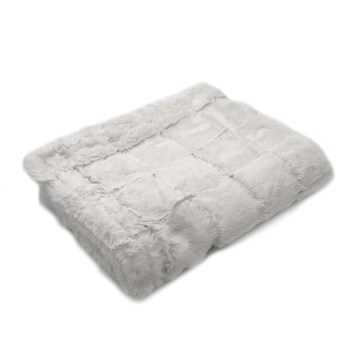 The Heritage Dog Blanket in Gentle Plush in White Geo / Pink folded | Photo by Mir Martz