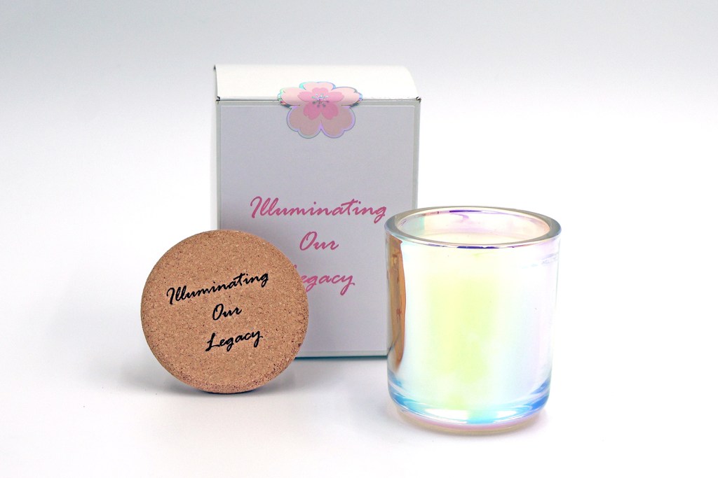 Apricot’s Home Tearoom Candle in an iridescent, votive-size candle jar with a commemorative cork lid and custom packaging for America’s 250th | Photo by Mir Martz