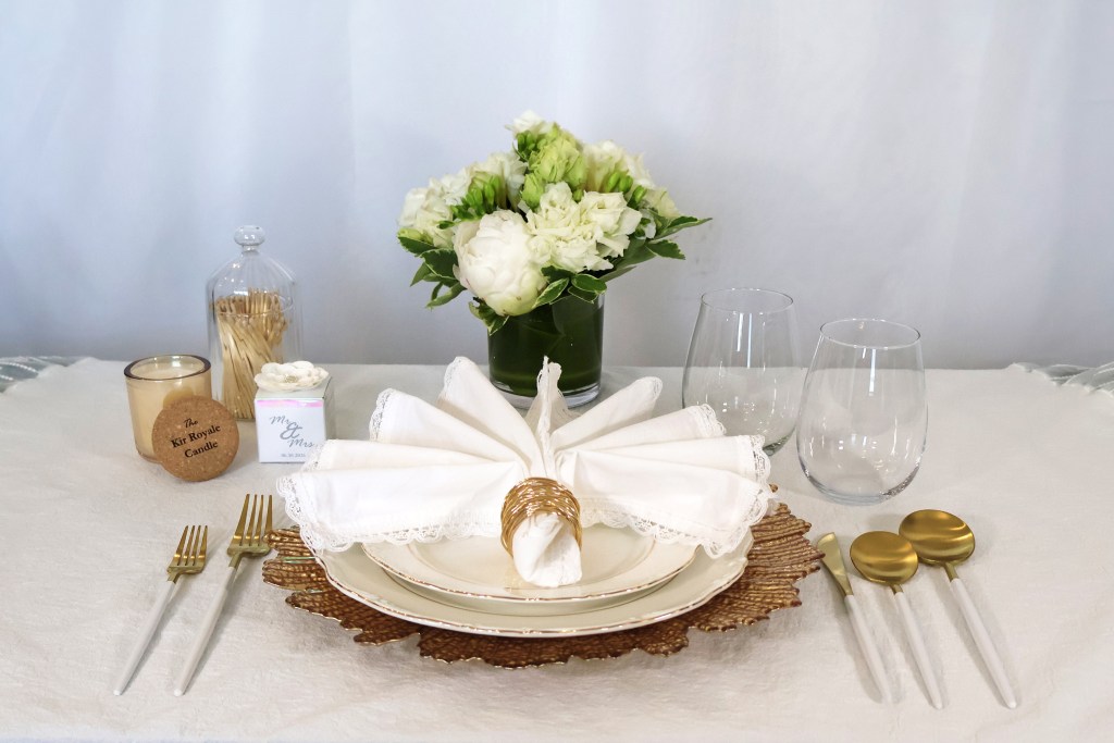 Mr + Mrs Deluxe Tealight on table with wedding place setting | Photo by Mir Martz